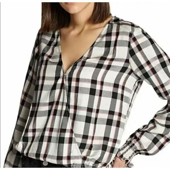 Sanctuary Cori‎ Smocked Sleeve Blouse beige black red plaid wrap Vneck size S - Picture 1 of 10